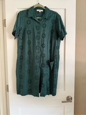 LOFT Teal Green Eyelet Button-Front Dress